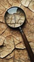 Magnifying glass focusing on a textured tan cracked surface photo