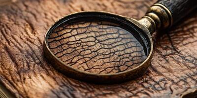Magnifying glass examines old parchment with intricate cracking patterns photo