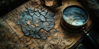 An antique map under scrutiny with a magnifying glass photo