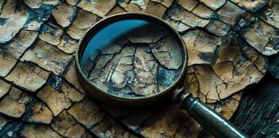 Magnifying glass reveals cracks and details in aged surface photo