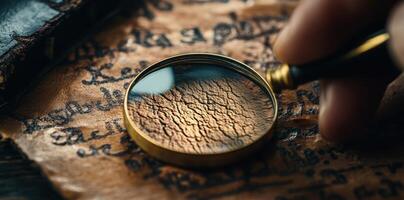 Magnifying glass reveals details on an ancient document closeup photo