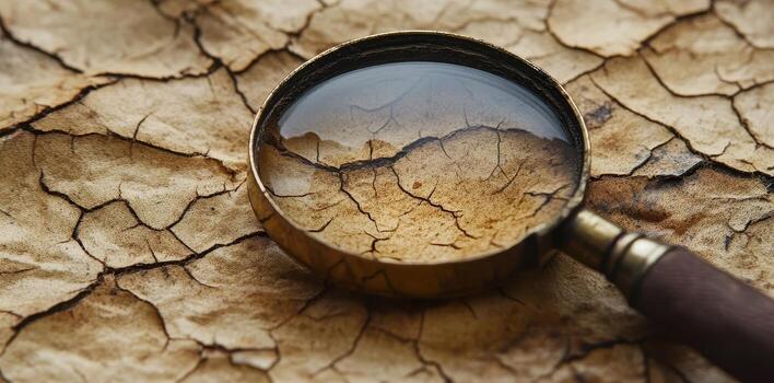 Magnifying glass rests upon a surface with cracked texture photo