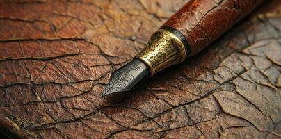 Decorative fountain pen with detailed nib resting on textured surface photo