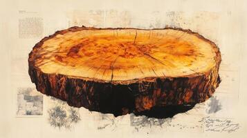 Detailed cross section of a cut tree trunk is presented photo