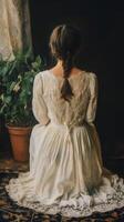 A woman in a white dress sitting on a rug photo
