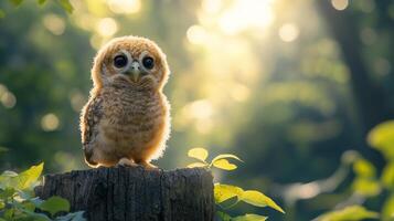 A baby owl is sitting on a stump in the sun photo