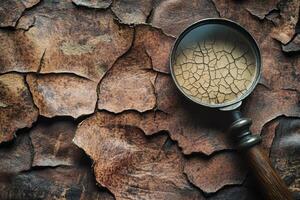 Magnifying glass reveals parched earth texture beneath cracked surface photo