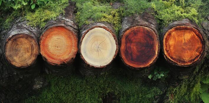 Five tree trunk cross sections displaying different wood colors photo