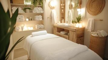 A spa room with towels and candles photo