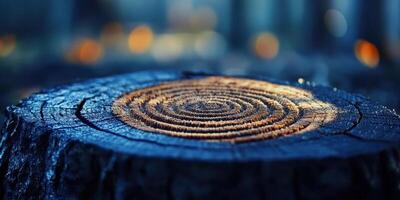 Textured tree stump with visible rings shines in sunlight photo