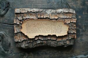 Piece of bark with handwritten text resting on wooden surface photo
