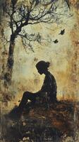 Silhouette of woman sitting beneath tree with birds flying above photo