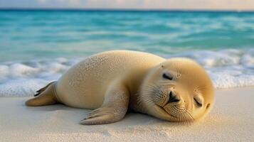 A baby seal laying on the beach photo