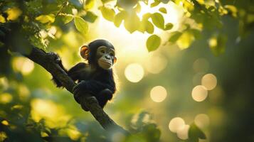 A baby chimpanzee is sitting on a branch photo