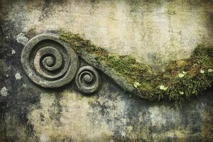 Ancient stone carving with moss and lichen covered surface photo