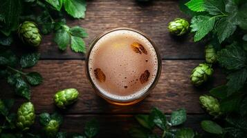 A glass of beer surrounded by green leaves photo