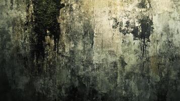 A distressed wall shows weathering with dark stains and moss photo