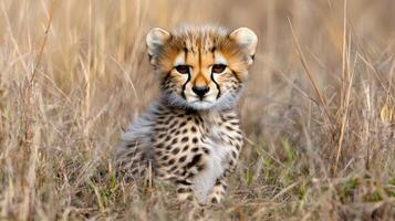 A cheetah cub sitting in tall grass photo
