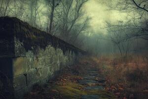 Mossy stone wall lines a path through a foggy forest photo
