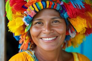 A woman wearing a colorful hat and smiling photo