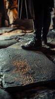 Person stands near ancient stone with inscribed symbols or writing photo