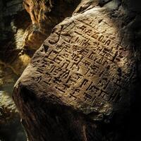 Ancient stone tablet with carved symbols rests in a cave photo