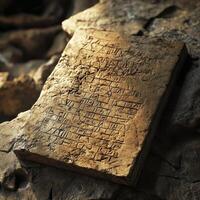 Ancient stone tablet displays inscriptions on a rocky surface photo