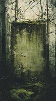 Moss covered concrete structure stands among tall thin trees photo