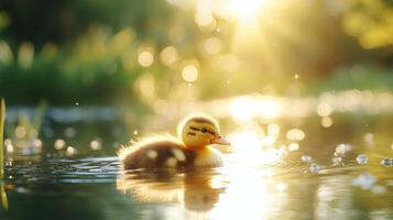 A duckling swimming in the water with the sun shining photo