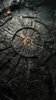 Intricate stone carving features circular design with radiating segments photo