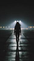 A silhouette of a woman walking on a runway at night photo