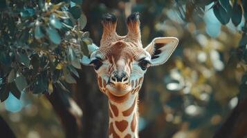 A giraffe is looking at the camera in front of trees photo