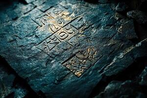 Ancient symbols carved onto stone surface with dark textured background photo