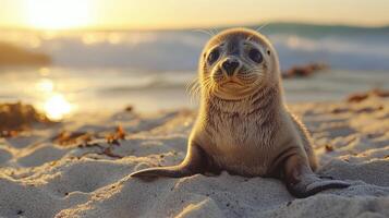 A baby seal on the beach at sunset photo