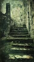 Mossy stone steps climb toward an old dilapidated structure photo