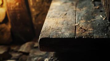 Close up of a weathered wooden surface with markings photo