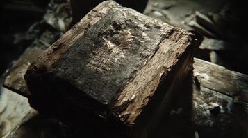 Ancient dusty and weathered book sits atop wooden planks photo