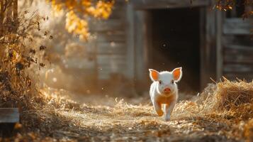A pig is walking in the sun on a farm photo