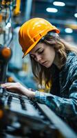 A woman in an orange hard hat working on a machine photo