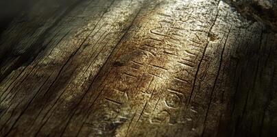 Runes carved into textured ancient wood are bathed in light photo
