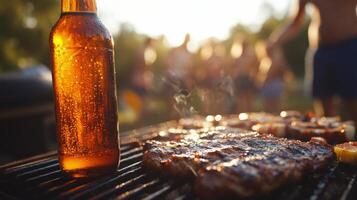 Beer and steak on a grill with people in the background photo