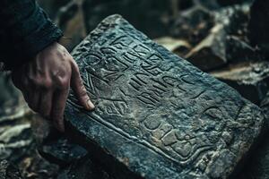 Hand points to ancient stone tablet with carved inscriptions photo