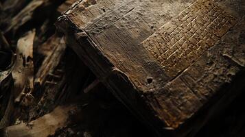 Ancient book rests among decayed pages and faded textures photo