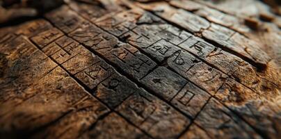 Ancient wooden surface displaying weathered carved geometric symbols and characters photo