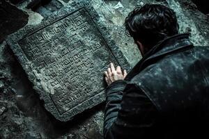 Man deciphering ancient text etched onto weathered stone tablet photo