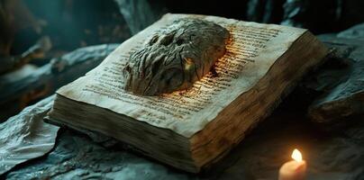 Ancient skull lies atop a weathered book of spells photo