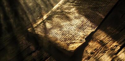 Old book with worn pages rests on a wooden surface photo