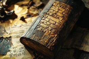 Ancient weathered book displays carved script alongside scattered written pages photo
