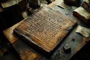 Ancient handwritten book with worn pages sits on rustic table photo