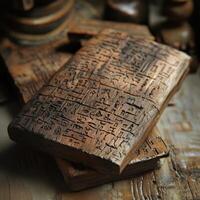 Ancient wooden tablets displaying carved hieroglyphic like inscriptions stacked together photo